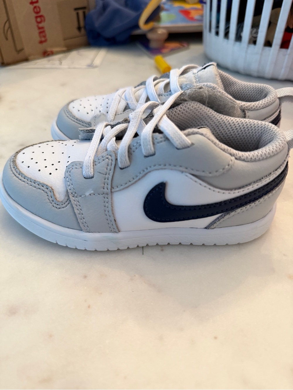 Nike Kids White, Light Gray & Navy Swoosh Sneakers